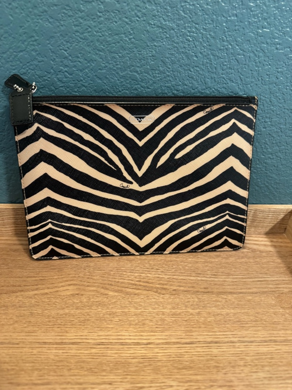 Coach Zebra-Print Zip Pouch in Black and Cream
